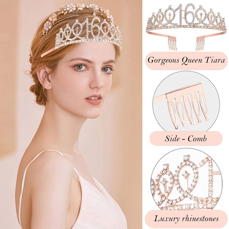 Awfrky 8pcs Sweet 16 Birthday Decorations for Girls  Including 16th Happy Birthday Cake Toppers  Birthday Queen Sash with Pearl Pin  Sweet Rhinestone Tiara Crown  Number Candles and Balloons Set  Rose Gold - Image 3